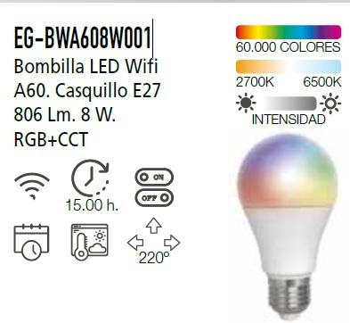BOMBILLA WIFI A60 8W 806LM RGB+CCT ENERGEEKS EG-BWA608W001